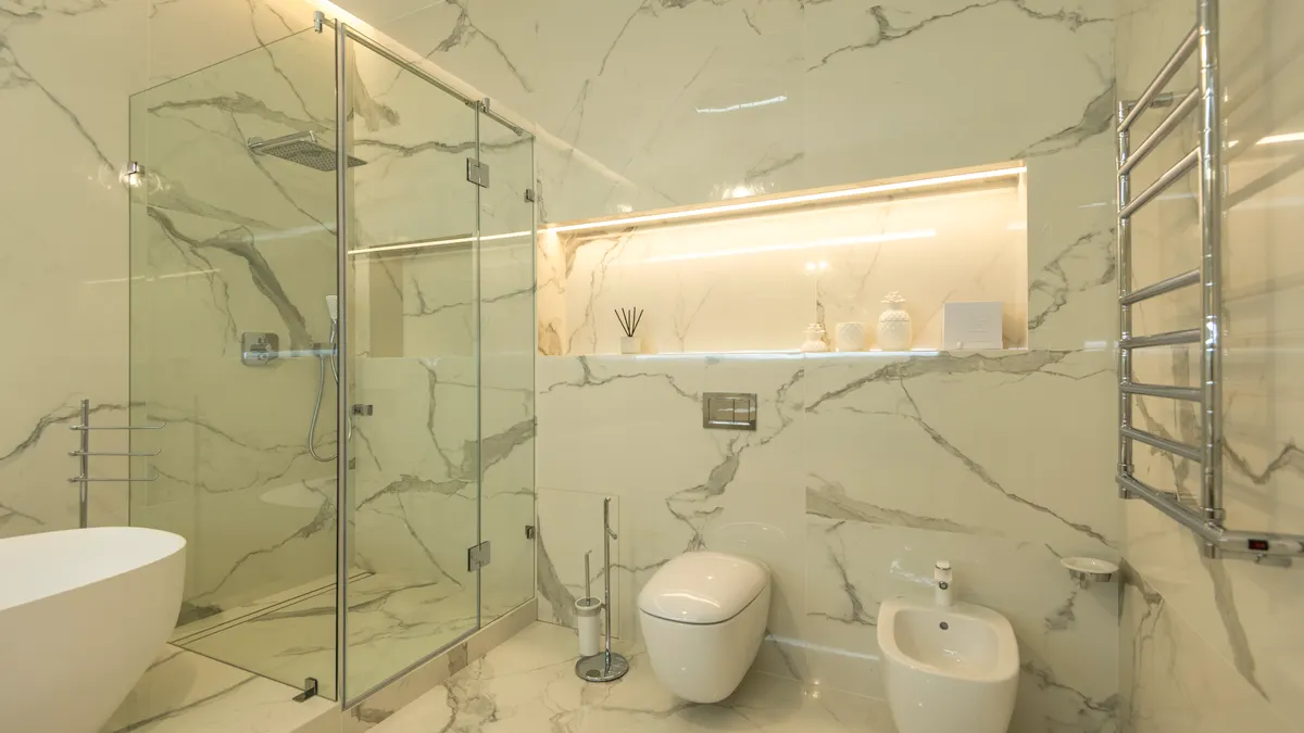 minimal marble bathroom with glass shower and sleek fixtures