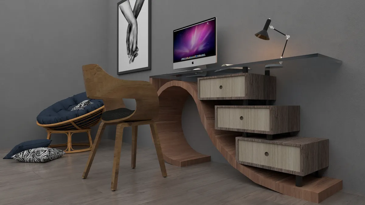 Modern home office setup with desk, computer, lamp, and storage