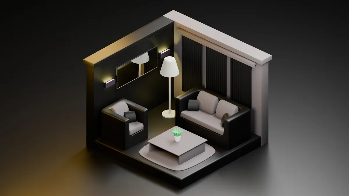 Dark 3D illustration of a small living room setup