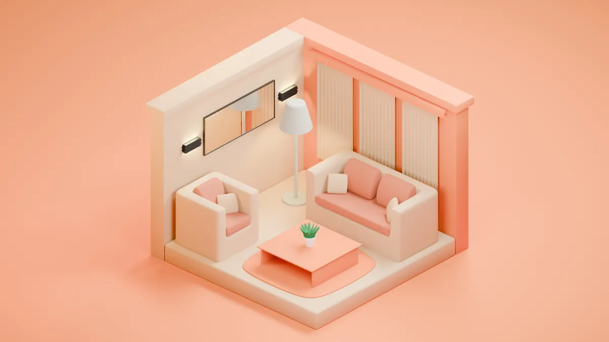 3D illustration of a compact living room layout